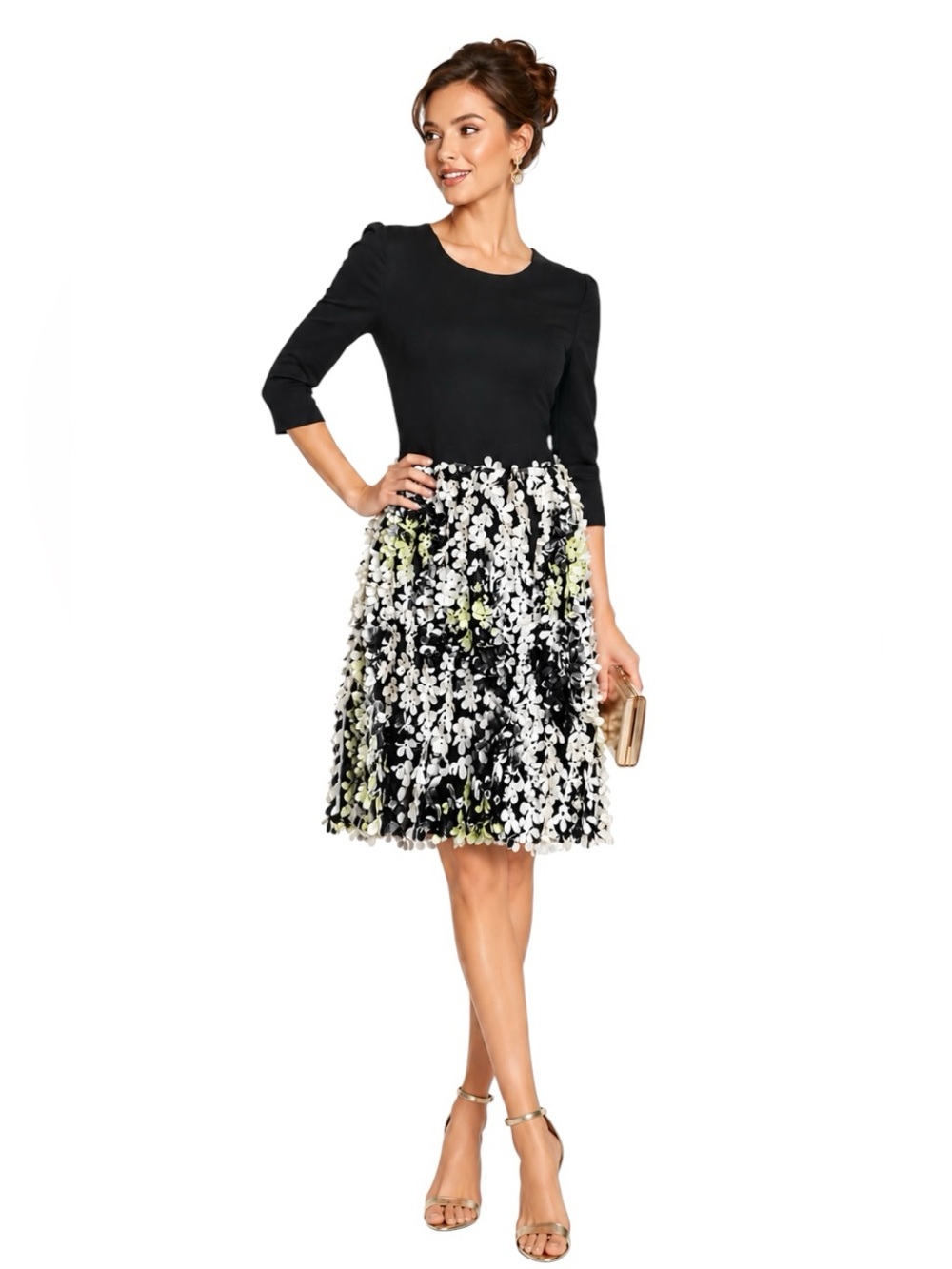 Samuel Dong Black White Floral Applique 3/4 Sleeve Evening Cocktail Dress Sz. XS